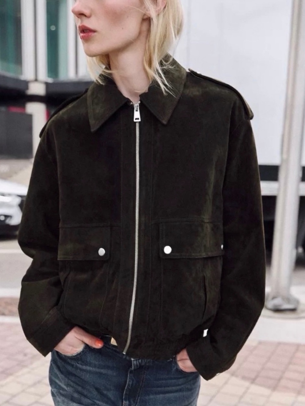 🔥ZARA  Viral  Suede Leather  Jacket, Dark Olive Khaki. 100% leather NWT Small